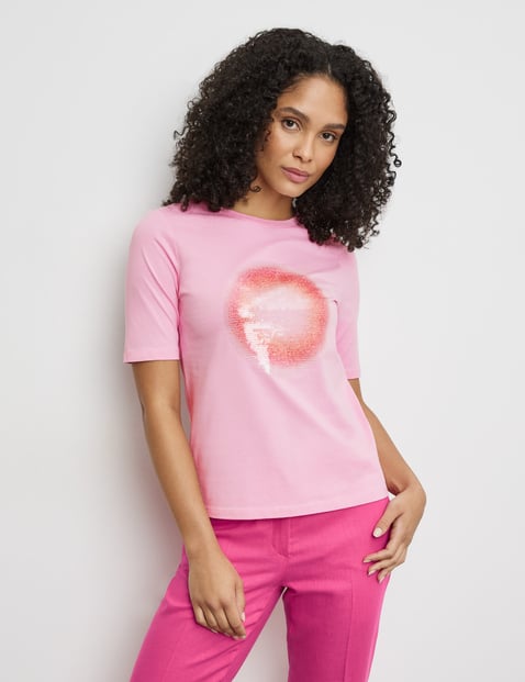 GERRY WEBER Damen Nachhaltiges T-Shirt mit Pailletten 64cm Kurzarm Rundhals Baumwolle Pink von Gerry Weber
