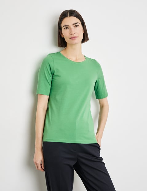 GERRY WEBER Damen Nachhaltiges T-Shirt mit satiniertem Ausschnitt 64cm Kurzarm Rundhals Baumwolle Grün von Gerry Weber