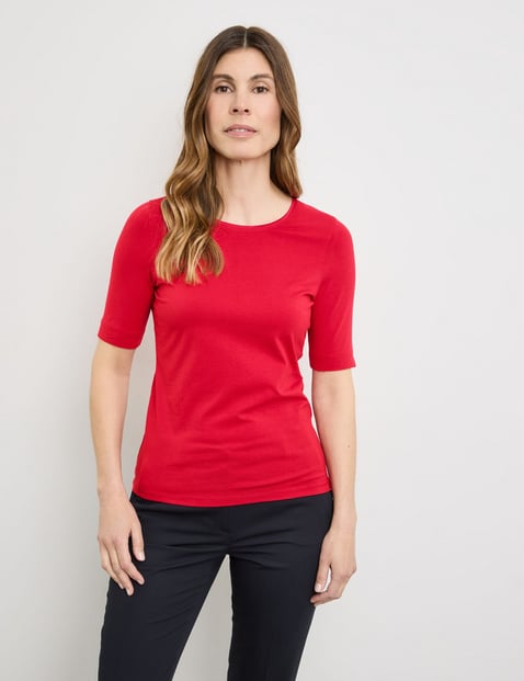 GERRY WEBER Damen Nachhaltiges T-Shirt mit satiniertem Ausschnitt 64cm Kurzarm Rundhals Baumwolle Rot von Gerry Weber