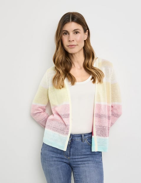 GERRY WEBER Damen Offener Cardigan mit Colourblocking 58cm Langarm Ohne Kragen Leinen Mehrfarbig gestreift von Gerry Weber