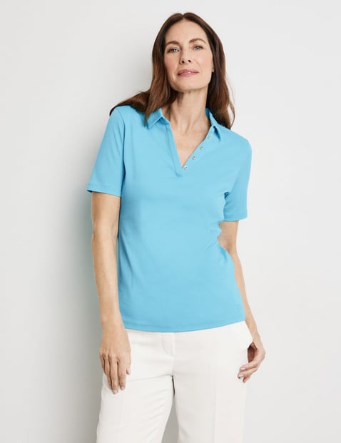 GERRY WEBER Damen Poloshirt aus Baumwolle 64cm Kurzarm Polokragen Blau von Gerry Weber