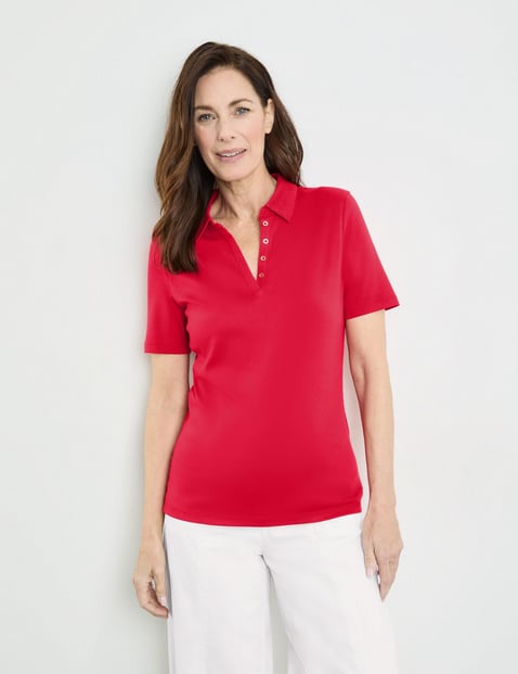 GERRY WEBER Damen Poloshirt aus Baumwolle 64cm Kurzarm Polokragen Rot von Gerry Weber