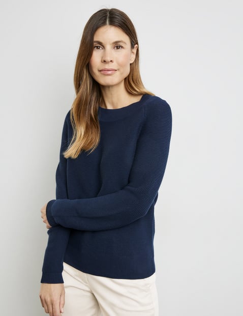 GERRY WEBER Damen Pullover mit Raglanarm und Struktur-Strick Langarm Rundhals Baumwolle Blau von Gerry Weber