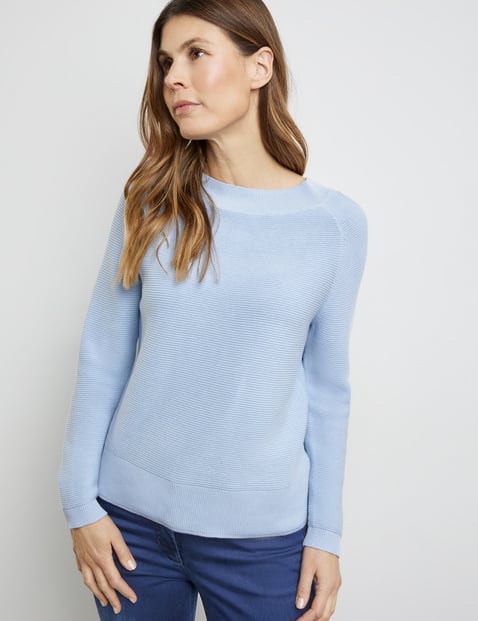 GERRY WEBER Damen Pullover mit Raglanarm und Struktur-Strick Langarm Rundhals Baumwolle Blau von Gerry Weber