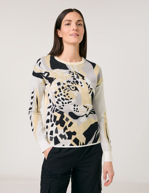 GERRY WEBER Damen Pullover mit abstraktem Leodessin Langarm|Breite Rippenbündchen Viskose, Mehrfarbig von Gerry Weber