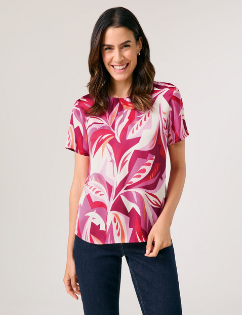 GERRY WEBER Damen Satinierte Kurzarmbluse mit floralem Dessin Viskose 66 cm Rundhals gemustert Mehrfarbig von Gerry Weber