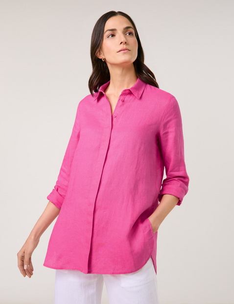 GERRY WEBER Damen Schlichte Longbluse aus reinem Leinen 78 cm Hemdkragen Langarm unifarben Pink von Gerry Weber