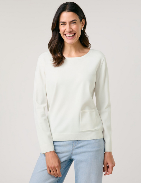 GERRY WEBER Damen Softer Pullover mit Rippstrickdetails Langarm|Breite Rippenbündchen Viskose, Weiss von Gerry Weber