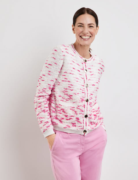 GERRY WEBER Damen Strickjacke mit Fransen 54cm Langarm Rundhals Baumwolle Pink gemustert von Gerry Weber