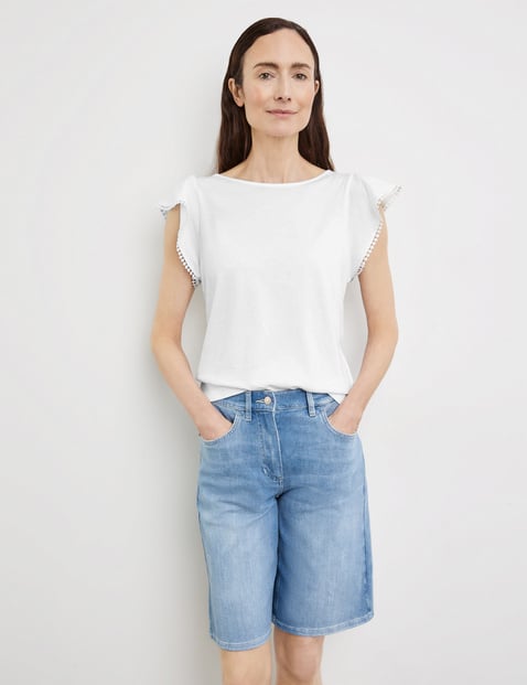 GERRY WEBER Damen T-Shirt mit Ärmelvolant 60cm Kurzarm Rundhals Baumwolle Weiss von Gerry Weber