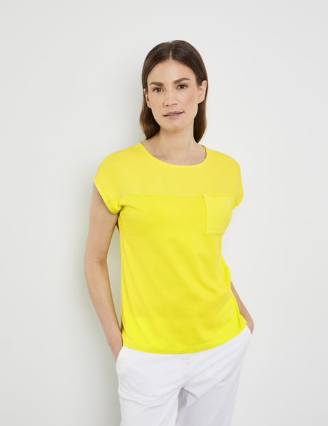 GERRY WEBER Damen T-Shirt mit Material-Patch und Ziersteinchen 62cm Kurzarm Rundhals Modal Gelb von Gerry Weber