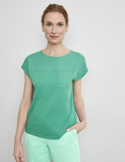 GERRY WEBER Damen T-Shirt mit Material-Patch und Ziersteinchen 62cm Kurzarm Rundhals Modal Grün von Gerry Weber