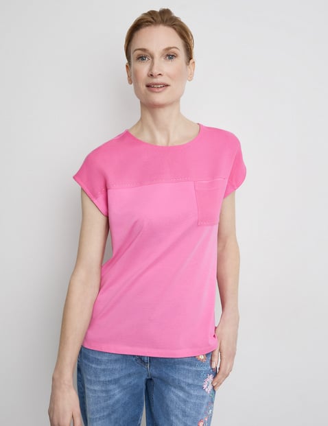 GERRY WEBER Damen T-Shirt mit Material-Patch und Ziersteinchen 62cm Kurzarm Rundhals Modal Pink von Gerry Weber