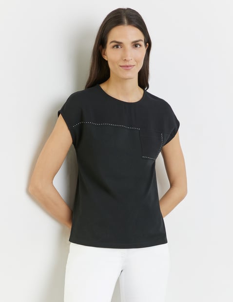 GERRY WEBER Damen T-Shirt mit Material-Patch und Ziersteinchen 62cm Kurzarm Rundhals Modal Schwarz von Gerry Weber