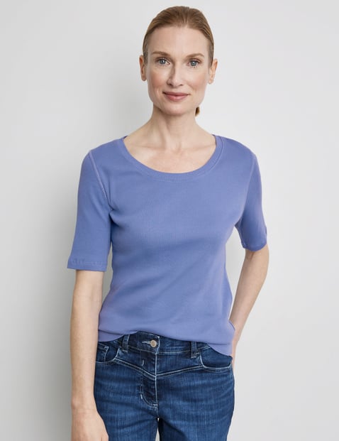 GERRY WEBER Damen T-Shirt mit Rippstruktur 64cm Kurzarm Rundhals Baumwolle Blau von Gerry Weber
