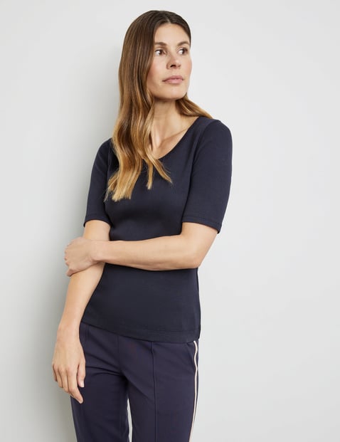 GERRY WEBER Damen T-Shirt mit Rippstruktur 64cm Kurzarm Rundhals Baumwolle Blau von Gerry Weber