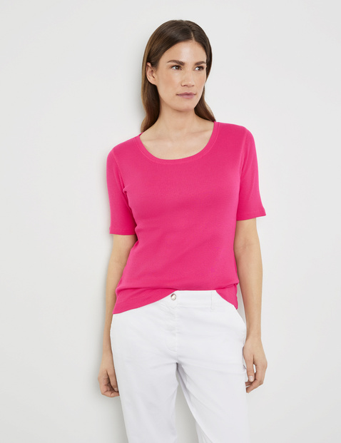 GERRY WEBER Damen T-Shirt mit Rippstruktur 64cm Kurzarm Rundhals Baumwolle Pink von Gerry Weber
