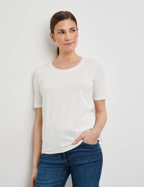 GERRY WEBER Damen T-Shirt mit dekorativer Ausschnittblende 62cm Halber Arm Rundhals Modal Weiss von Gerry Weber