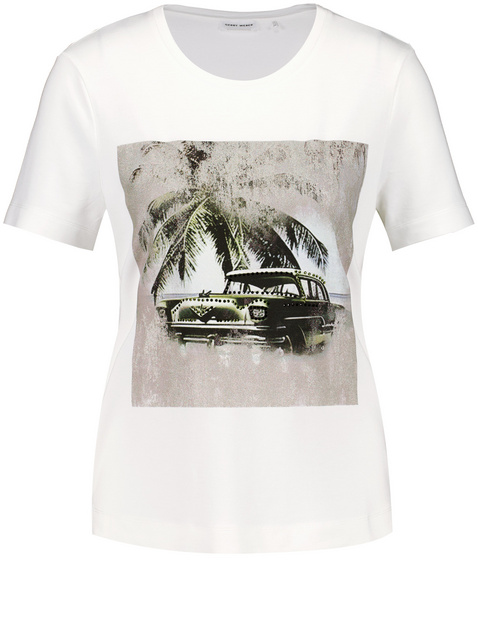 GERRY WEBER Damen T-Shirt mit platziertem Frontprint Modal 62 cm Rundhals Kurzarm unifarben Weiss von Gerry Weber