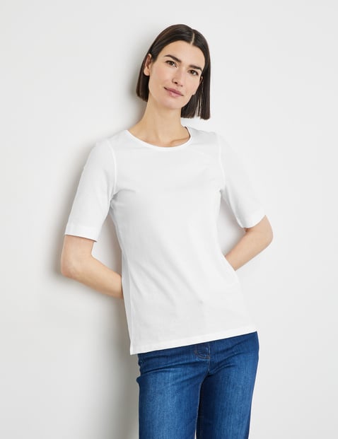 GERRY WEBER Damen Nachhaltiges T-Shirt mit satiniertem Ausschnitt 64cm Kurzarm Rundhals Baumwolle Weiss von Gerry Weber