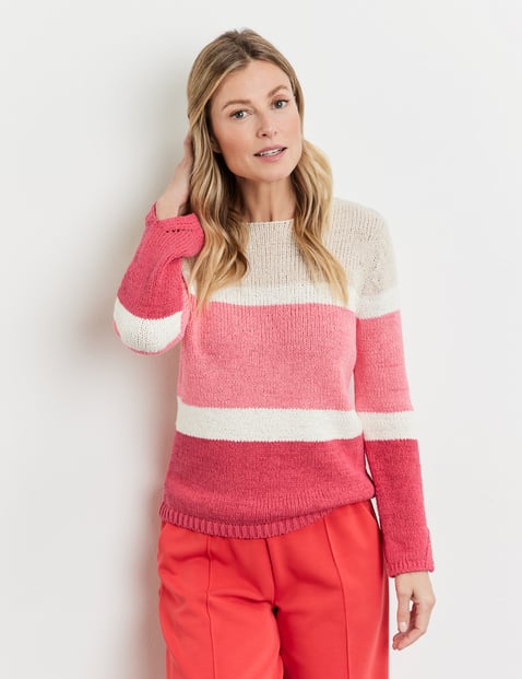 GERRY WEBER Damen Pullover mit Struktur-Strick und Colourblocking Langarm Rundhals Baumwolle Pink gestreift von Gerry Weber