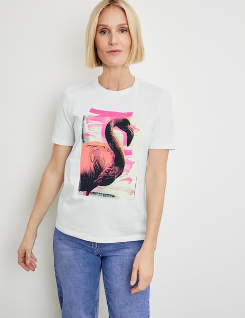 GERRY WEBER Damen T-Shirt mit Flamingo-Motiv 64cm Kurzarm Rundhals Baumwolle Weiss von Gerry Weber