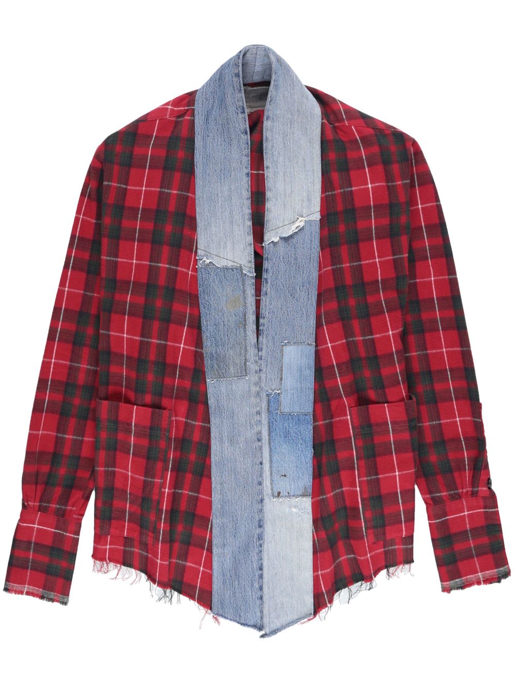 Greg Lauren check-print denim-detail open shirt - Red von Greg Lauren