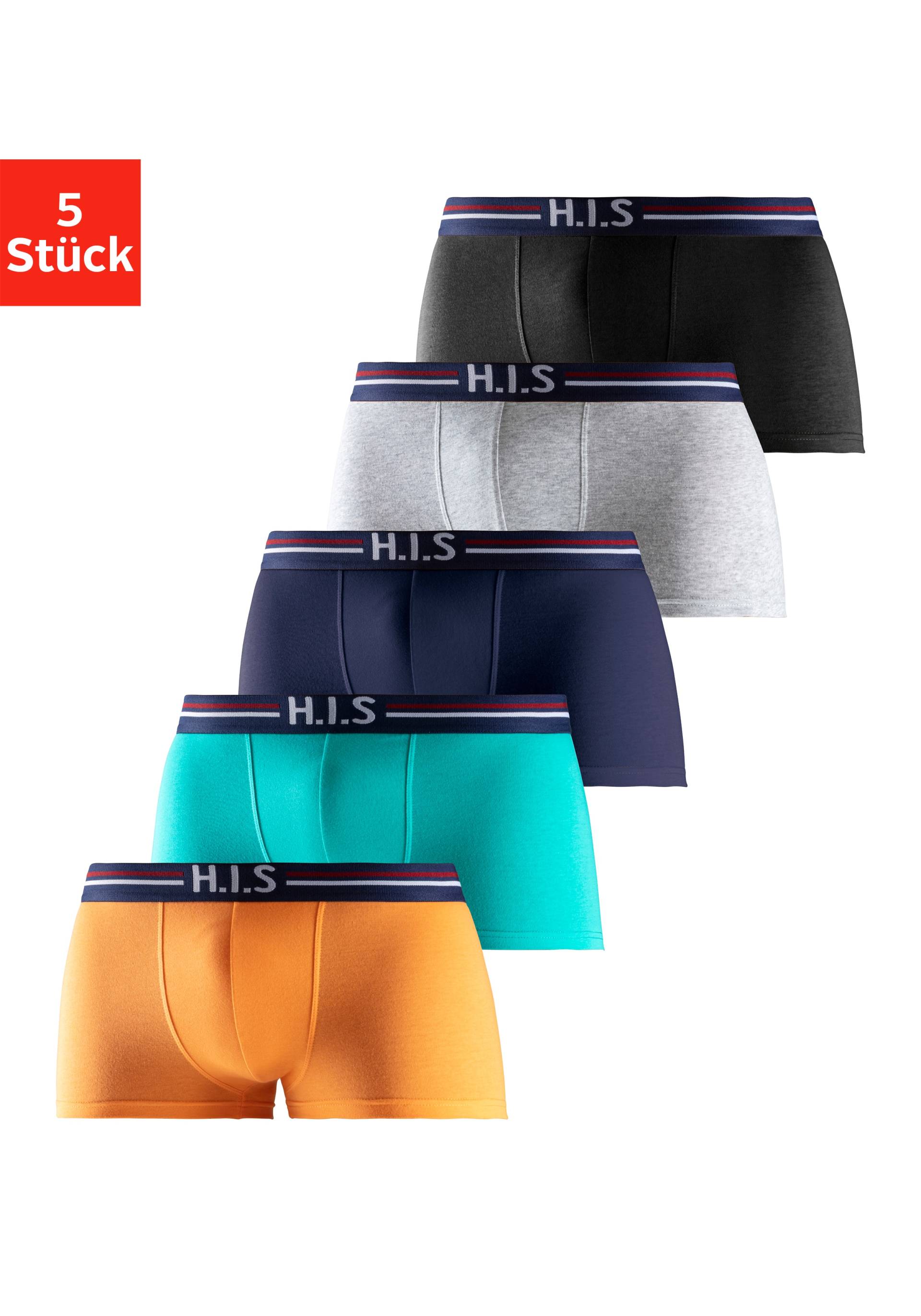 H.I.S Boxershorts, (Packung, 5 St.), in Hipster-Form mit Streifen und Markenlogo im Bund von H.I.S