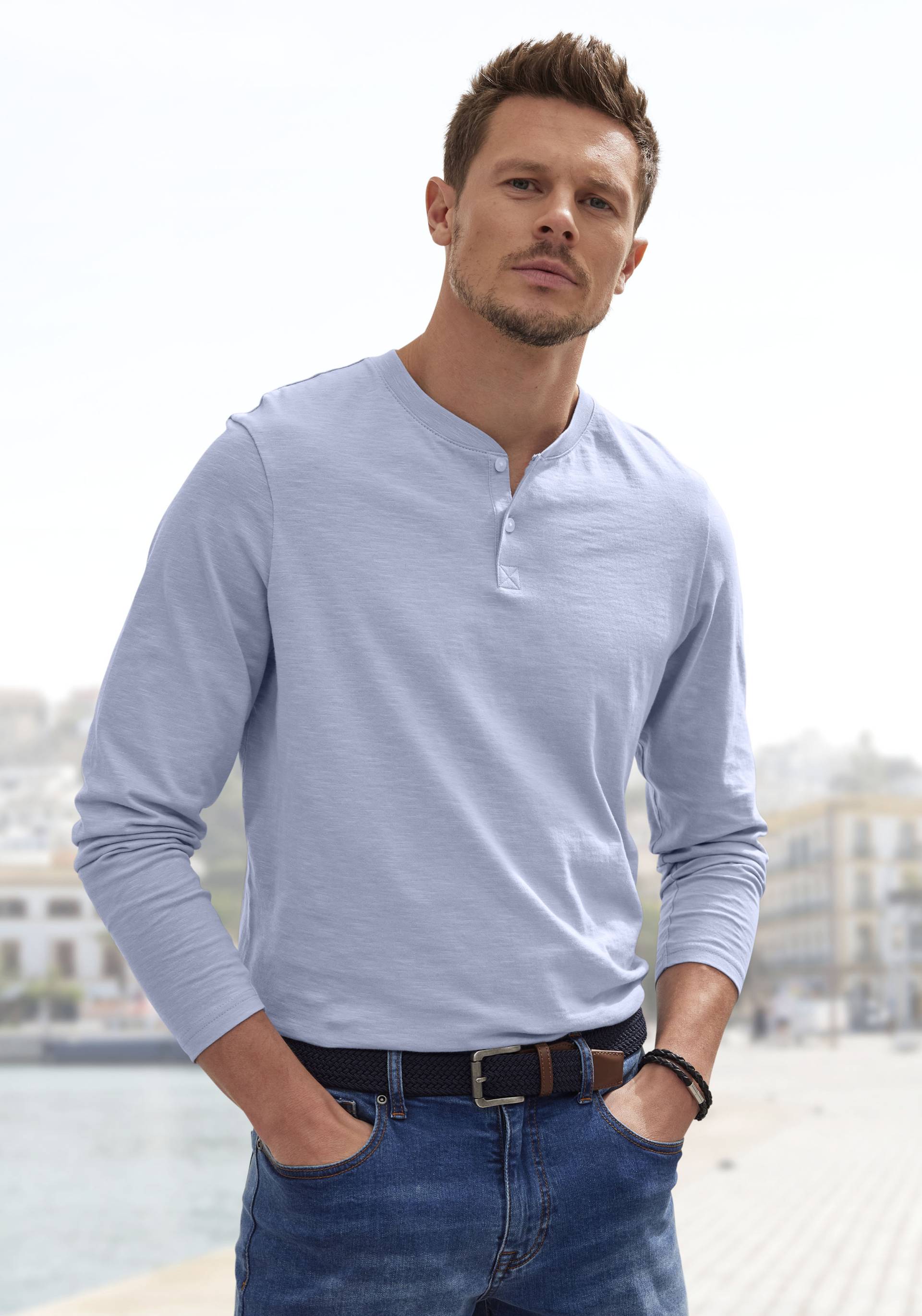 H.I.S Henleyshirt, Regular Fit, Langarm, Shirt mit Knopfleiste, Baumwoll-Piqué von H.I.S