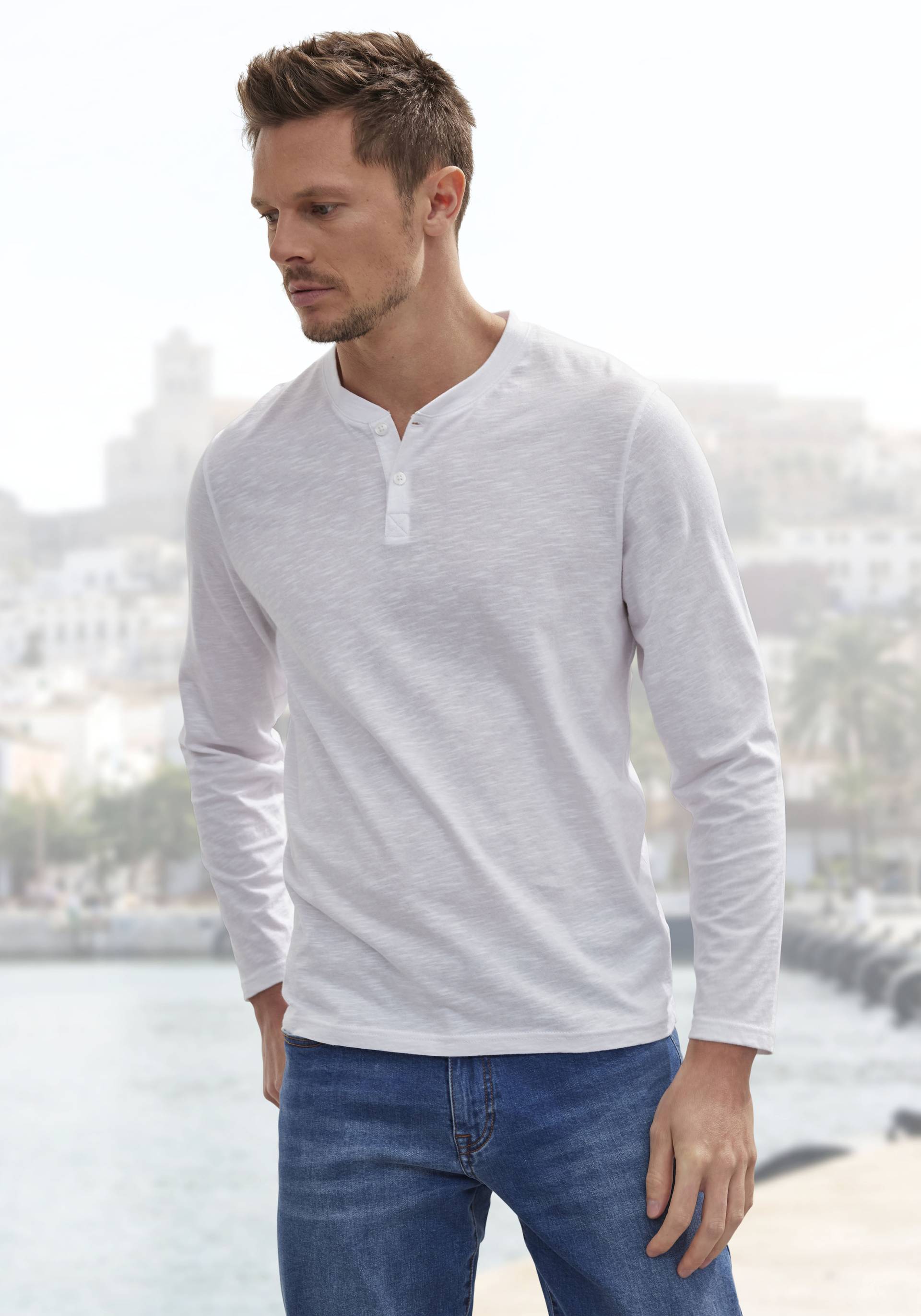 H.I.S Henleyshirt, Regular Fit, Langarm, Shirt mit Knopfleiste, Baumwoll-Piqué von H.I.S