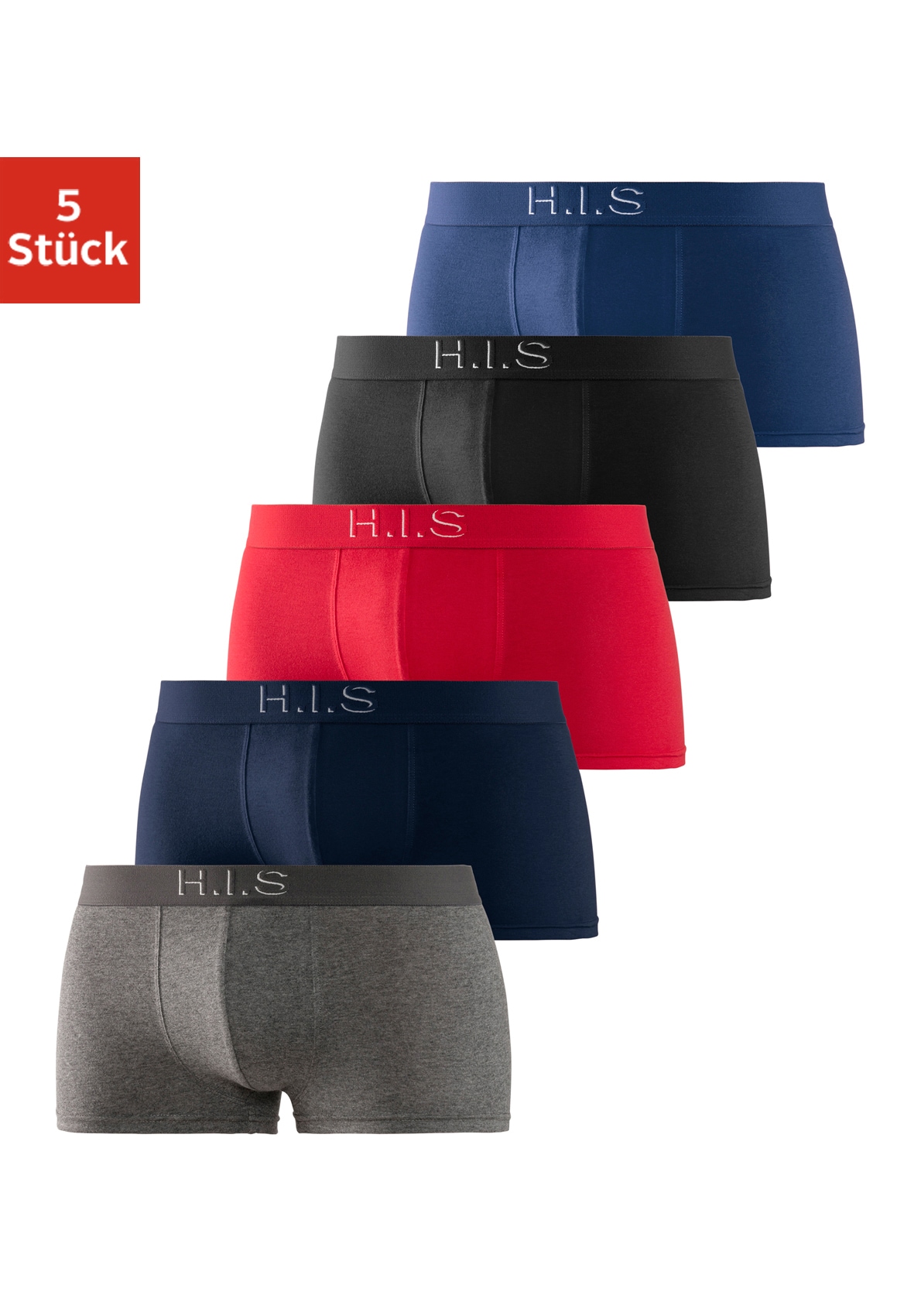 H.I.S Boxershorts, (Packung, 5 St.), in Hipster-Form am Webbund mit Logoschriftzug mit 3D Effekt von H.I.S