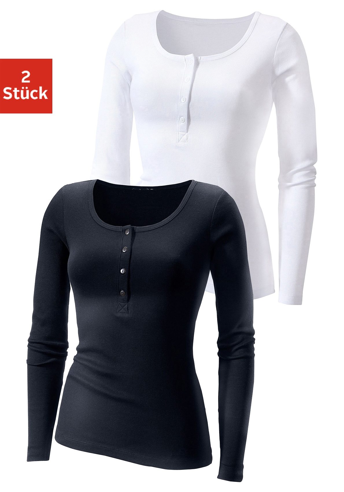 H.I.S Langarmshirt »mit kurzer Knopfleiste«, (2er-Pack), aus modischer Rippqualität von H.I.S