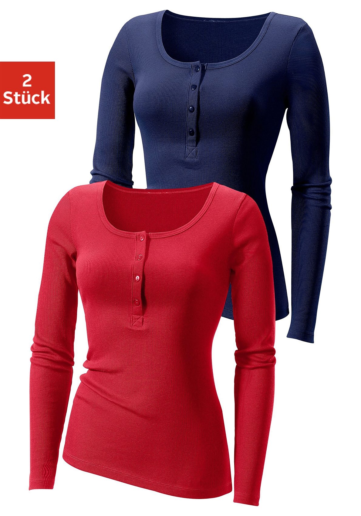 H.I.S Langarmshirt »mit kurzer Knopfleiste«, (2er-Pack), aus modischer Rippqualität von H.I.S