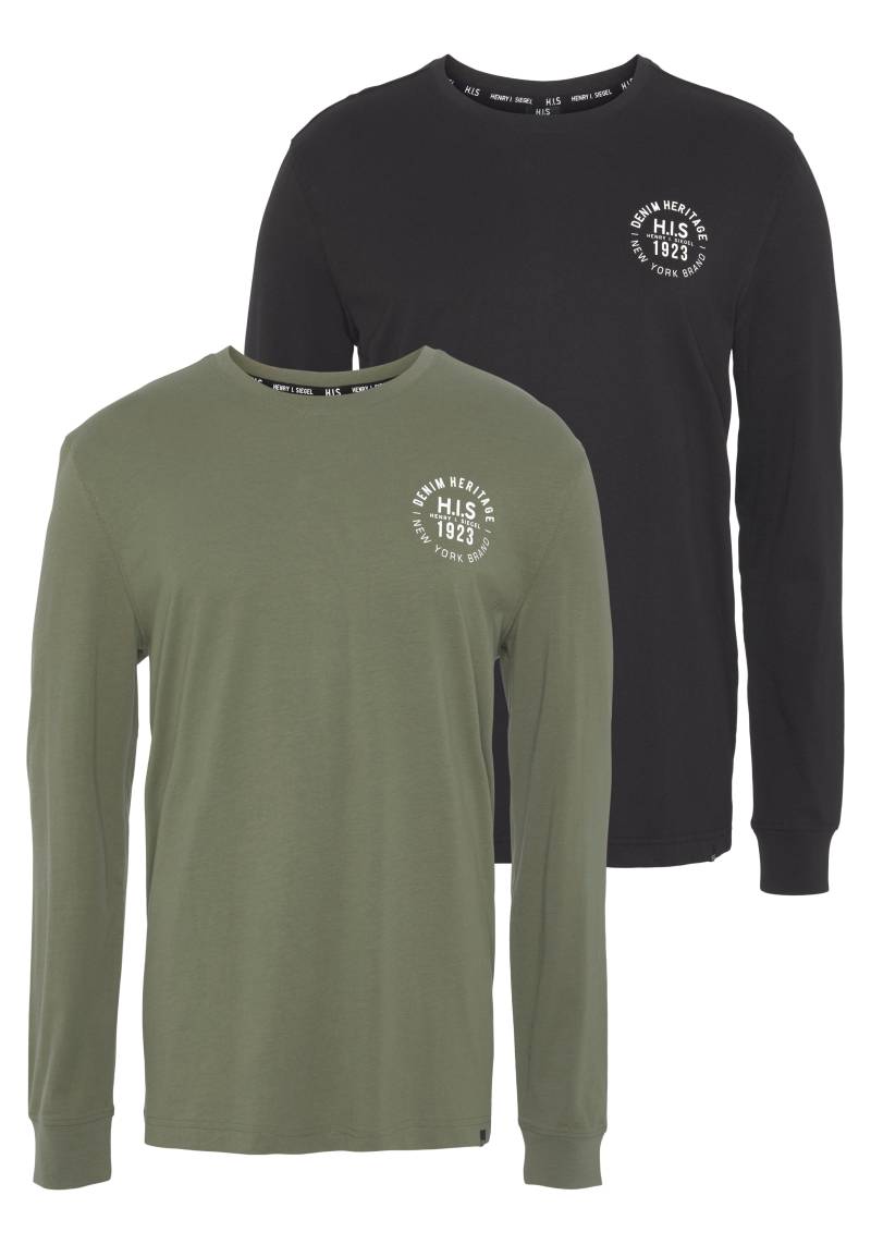 H.I.S Langarmshirt, (Packung, 2 tlg., 2er-Pack), Langarm, bedruckt, Rundhalsausschnitt, aus 100% Baumwolle von H.I.S