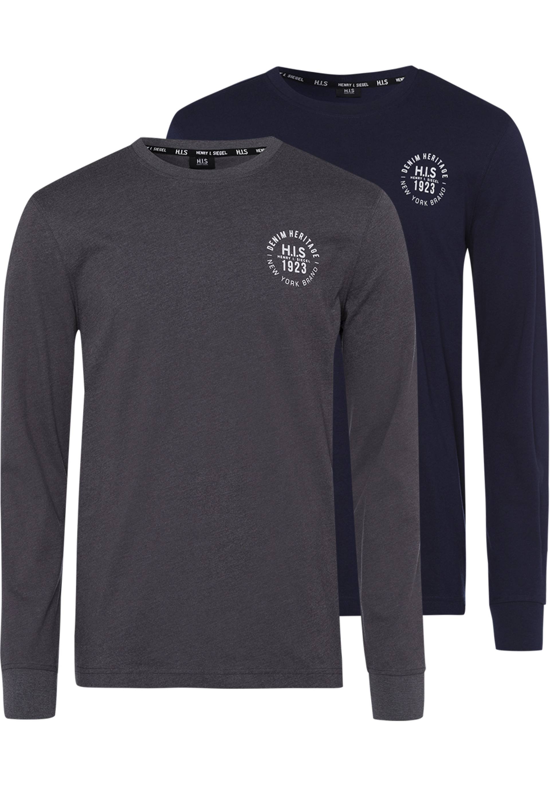 H.I.S Langarmshirt, (Packung, 2 tlg., 2er-Pack), Langarm, bedruckt, Rundhalsausschnitt, aus 100% Baumwolle von H.I.S