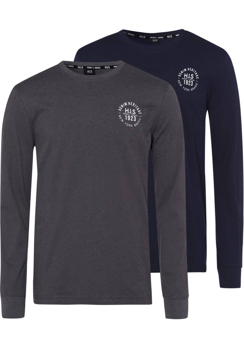 H.I.S Langarmshirt, (Packung, 2 tlg., 2er-Pack), Langarm, bedruckt, Rundhalsausschnitt, aus 100% Baumwolle von H.I.S