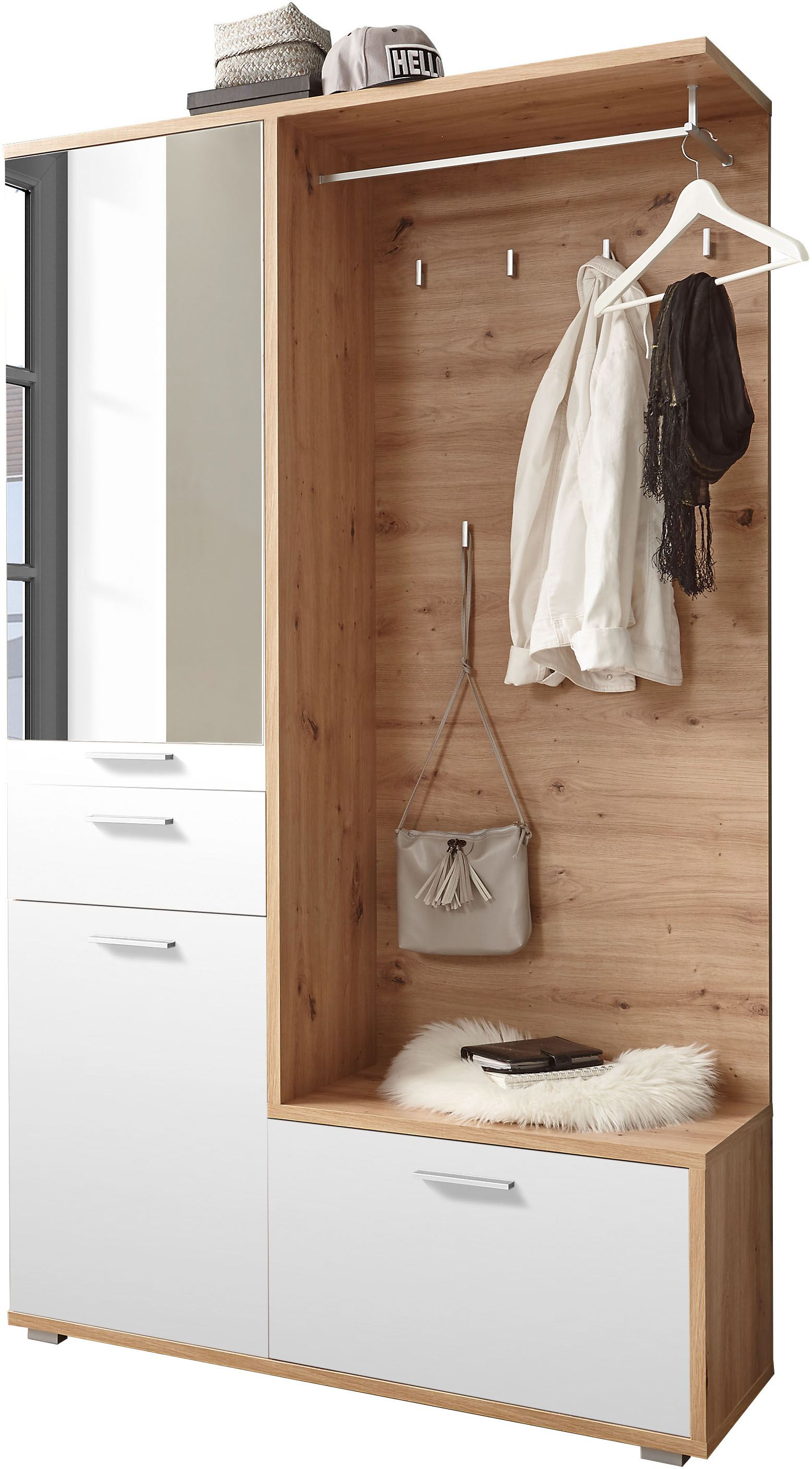 HBZ Kompaktgarderobe »Entra Garderobe, BxHxT 117x198x38 cm«, (3 St.), mit Spiegel und Schubkasten von HBZ