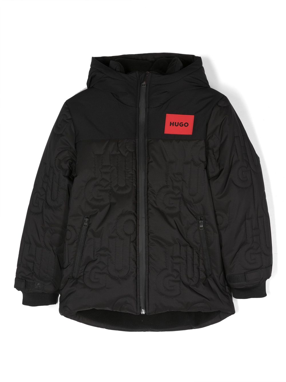 HUGO KIDS logo-patch padded hooded jacket - Black