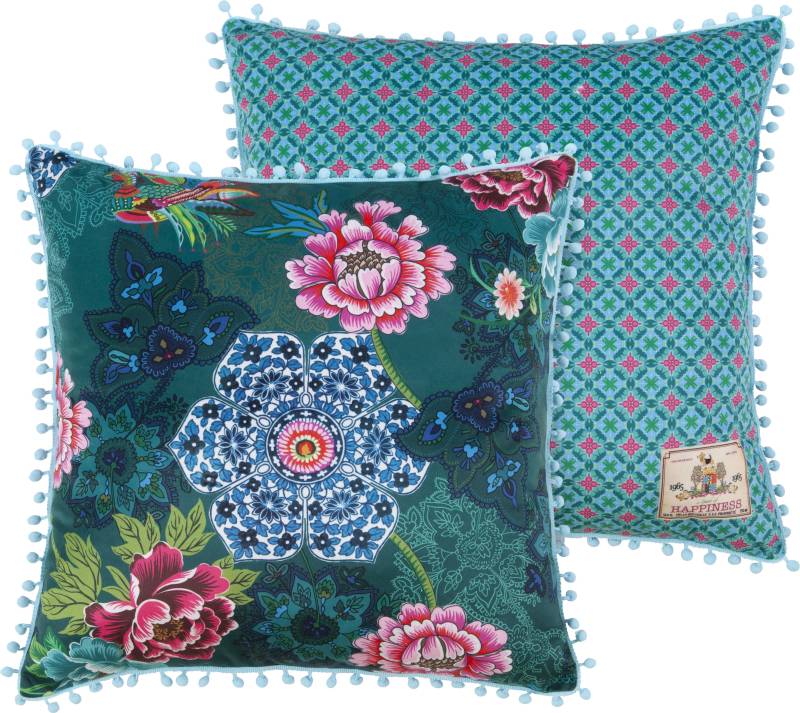 Happiness Dekokissen »Ceylon«, Mit Füllung, 1 Stück, Mit Pompoms, Wendeoptik, Weich, Blumen, Petrol von Happiness