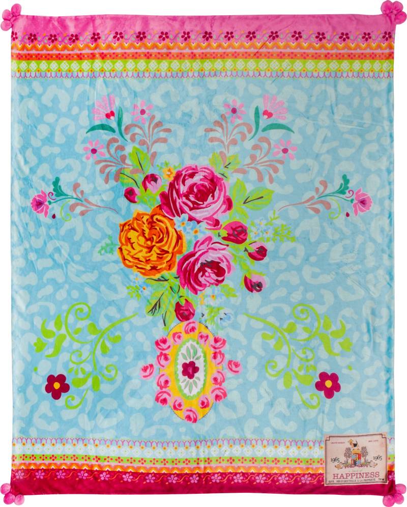 Happiness Plaid »Wild Rose«, Weich, Kuscheldecke, 130x160 cm, Wendeoptik, Mit Pompoms, Blumen, Bunt von Happiness