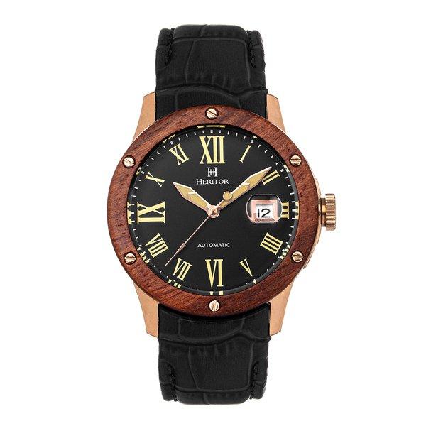 Everest Holzlünette Lederbanduhr /datum Herren Goldrosa ONE SIZE von Heritor Automatic