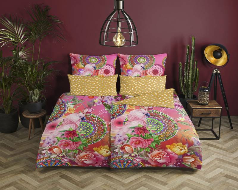 hip Wendebettwäsche »Nevine«, Mako-Satin, 155x220, Reissverschluss, Wendeoptik, Bunt, Rosa, Papagei von Hip