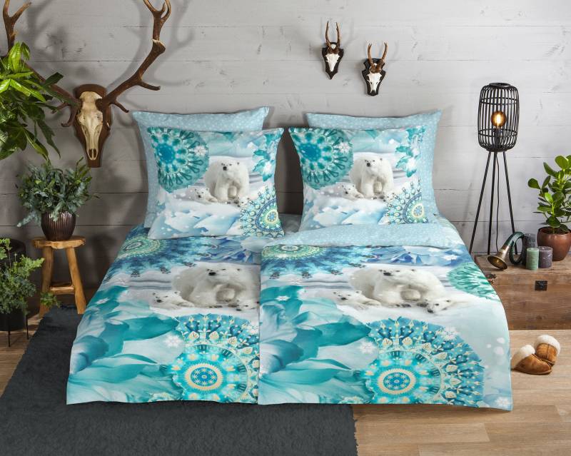 hip Wendebettwäsche »Seppo«, Biber, 135x200, Warm, Weich, Wendeoptik, Reissverschluss, Winter, Blau von Hip