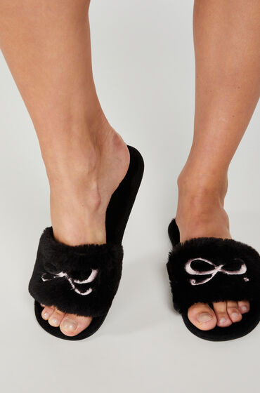 Hunkemöller Fake Fur Slippers Bow Schwarz von Hunkemöller