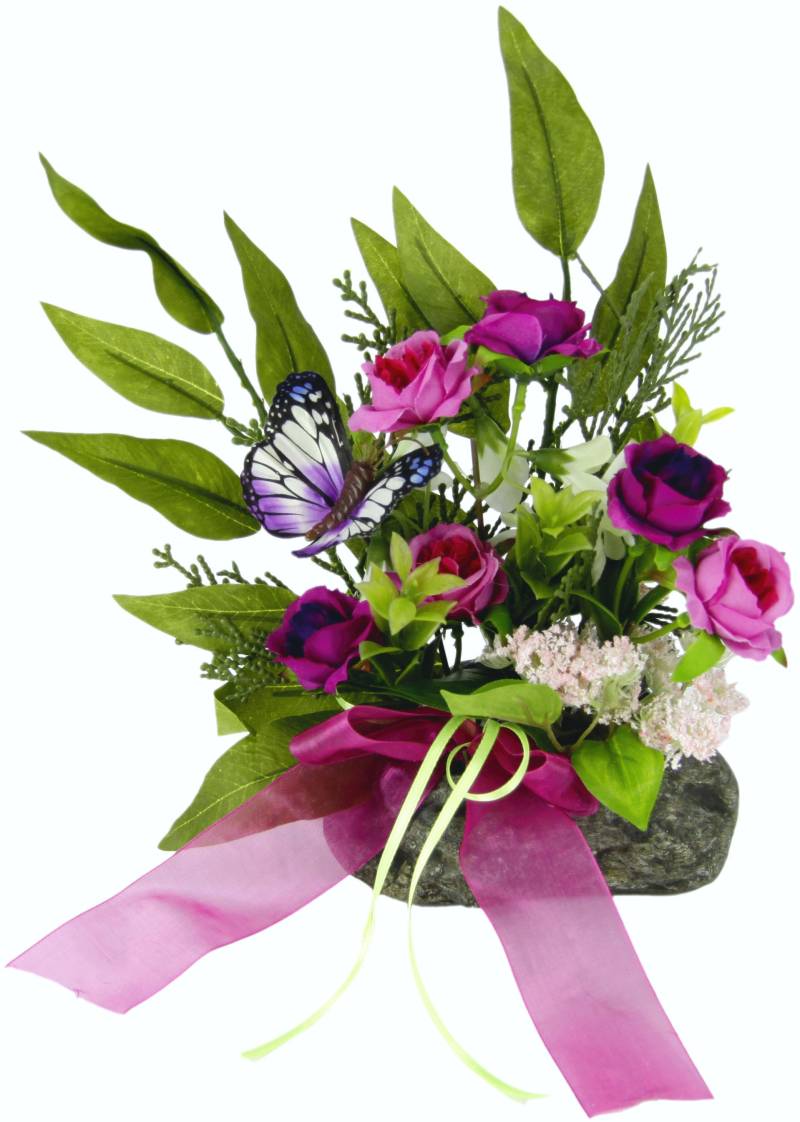 I.GE.A. Kunstblume »Rosen«, Rosen Beiwerk Schmetterling Schleife auf Stein Künstliches Osterdeko von I.GE.A.