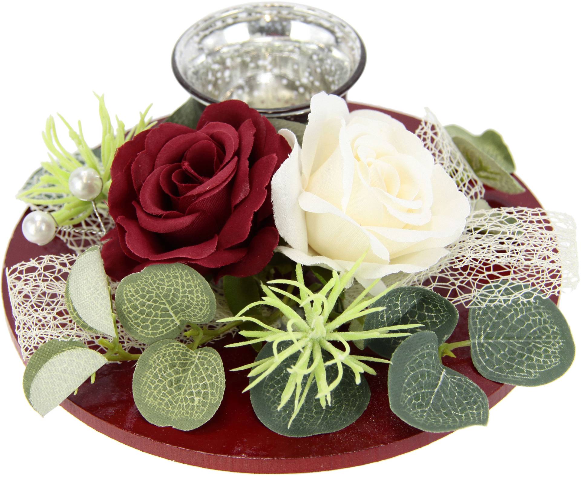 I.GE.A. Teelichthalter »Mit Glaseinsatz und Teelichtkerze, künstlichen Rosen Eukalyptus«, (1 St.) von I.GE.A.