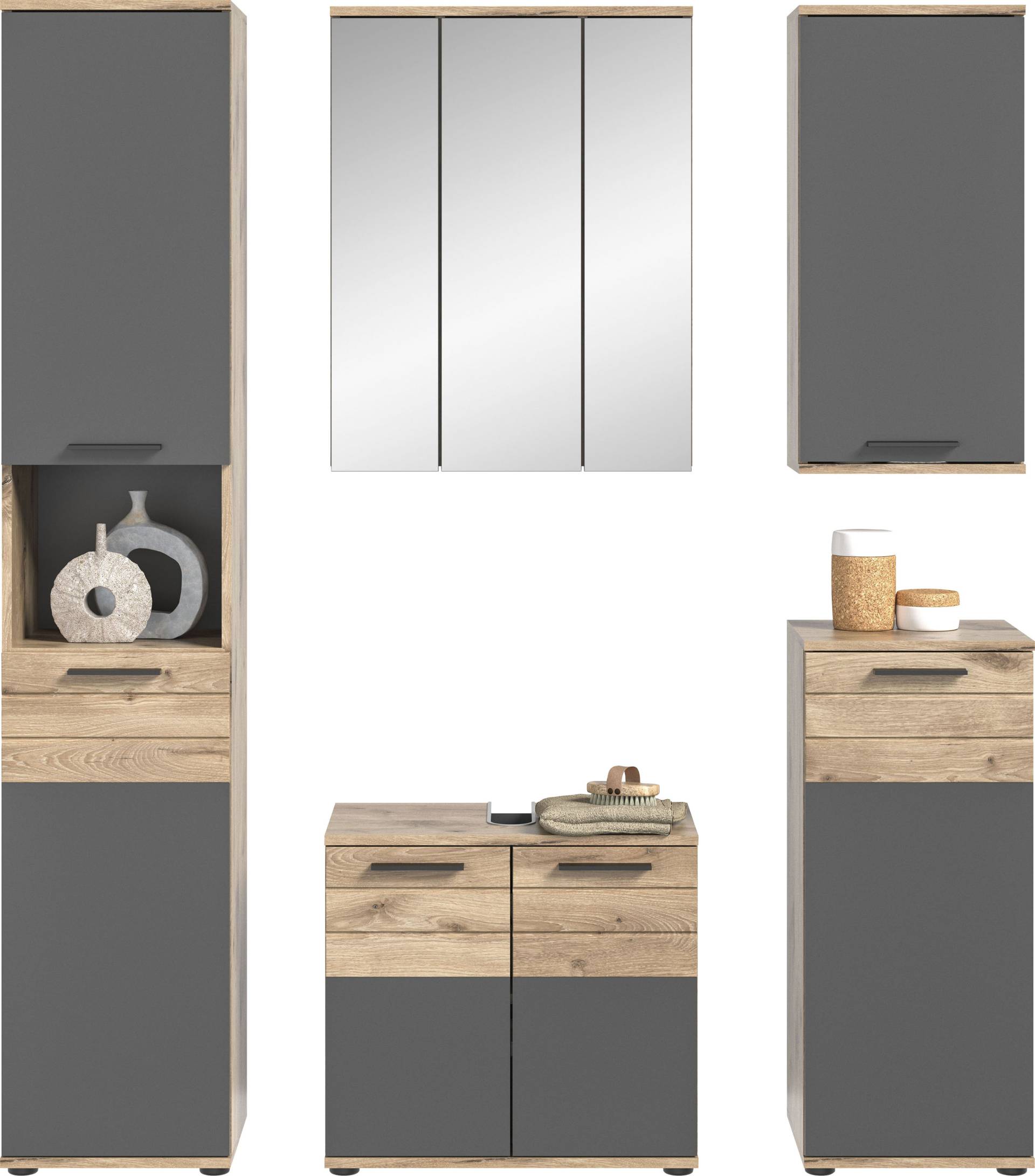INOSIGN Badmöbel-Set »Riga, 5 teilig, bestehend aus:«, (Set, 5 St.), Hochschrank, WBU, Spiegel, Unterschrank, Hängeschrank von INOSIGN