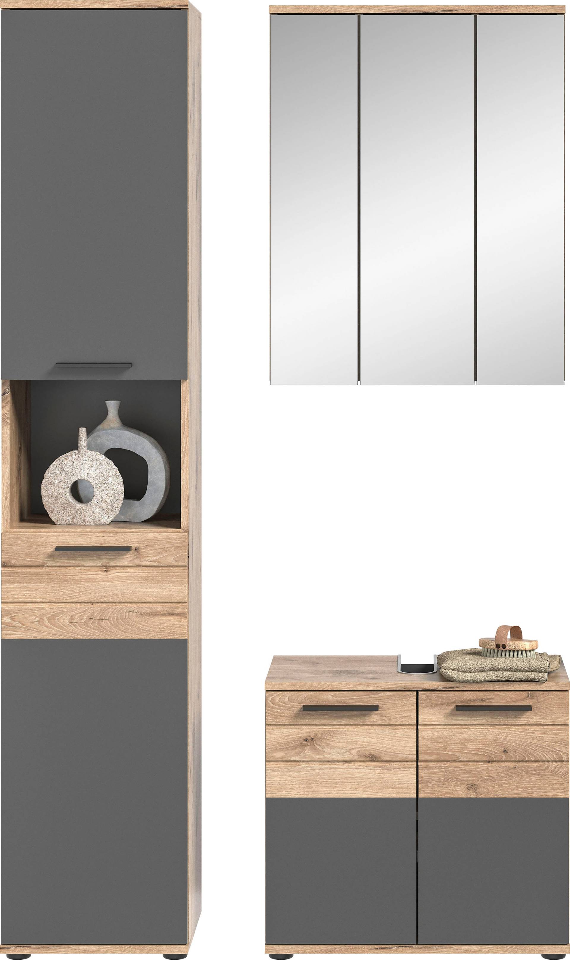 INOSIGN Badmöbel-Set »Riga, 3 teilig, bestehend aus:«, (Set), Hochschrank, Waschbeckenunterschrank, Spiegel von INOSIGN