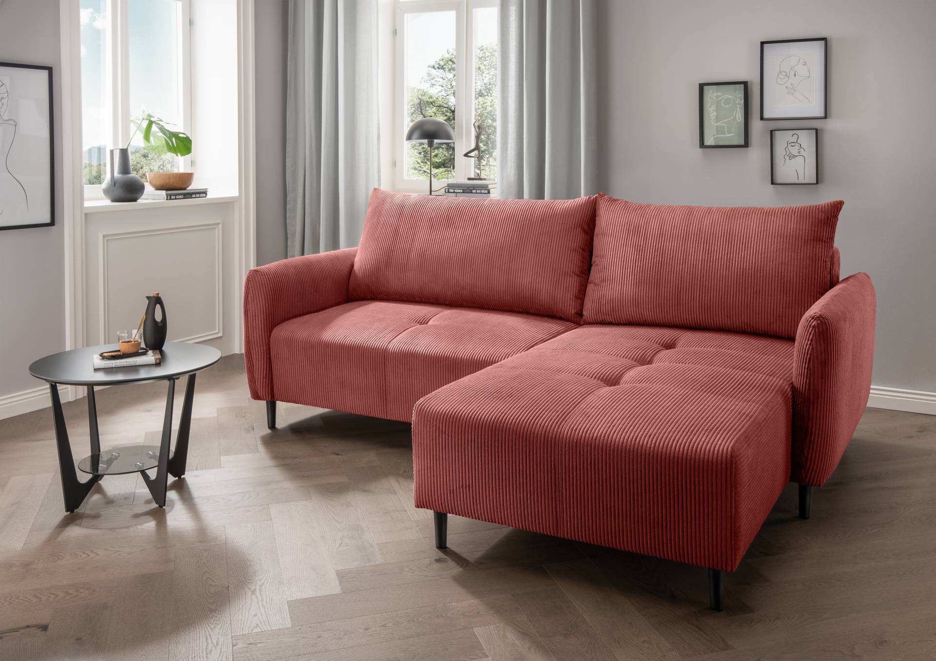 INOSIGN Ecksofa »Mara, L-Form, aktueller Cord Bezug und tolle Farben, schmale Armlehnen«, whlw. mit Bettfunktion,Recamiere links/rechts montierbar, Breite 238cm von INOSIGN
