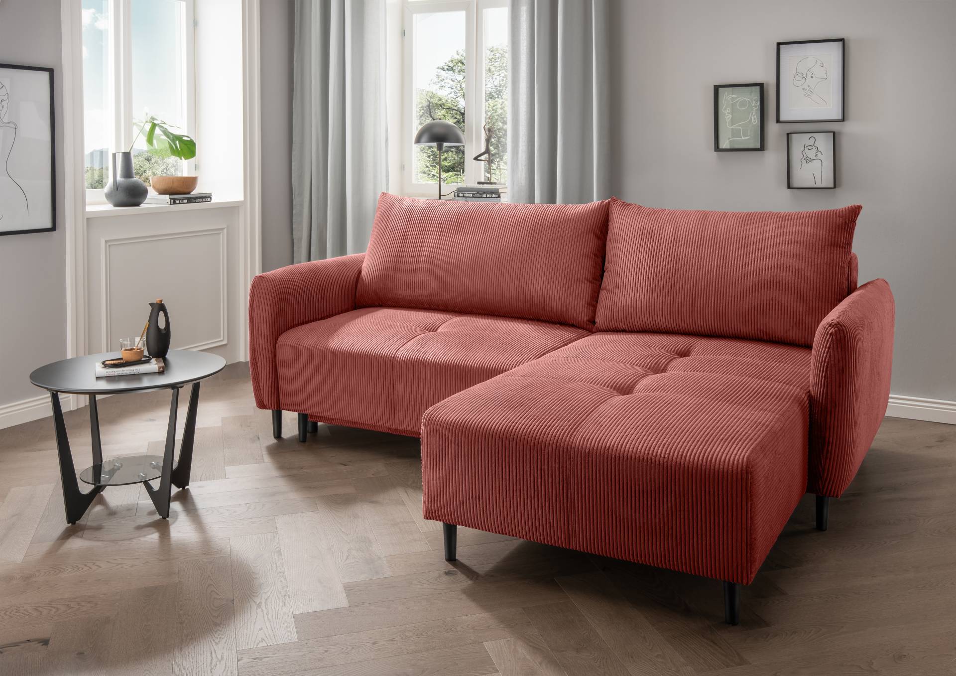 INOSIGN Ecksofa »Mara, L-Form, aktueller Cord Bezug und tolle Farben, schmale Armlehnen«, whlw. mit Bettfunktion,Recamiere links/rechts montierbar, Breite 238cm von INOSIGN